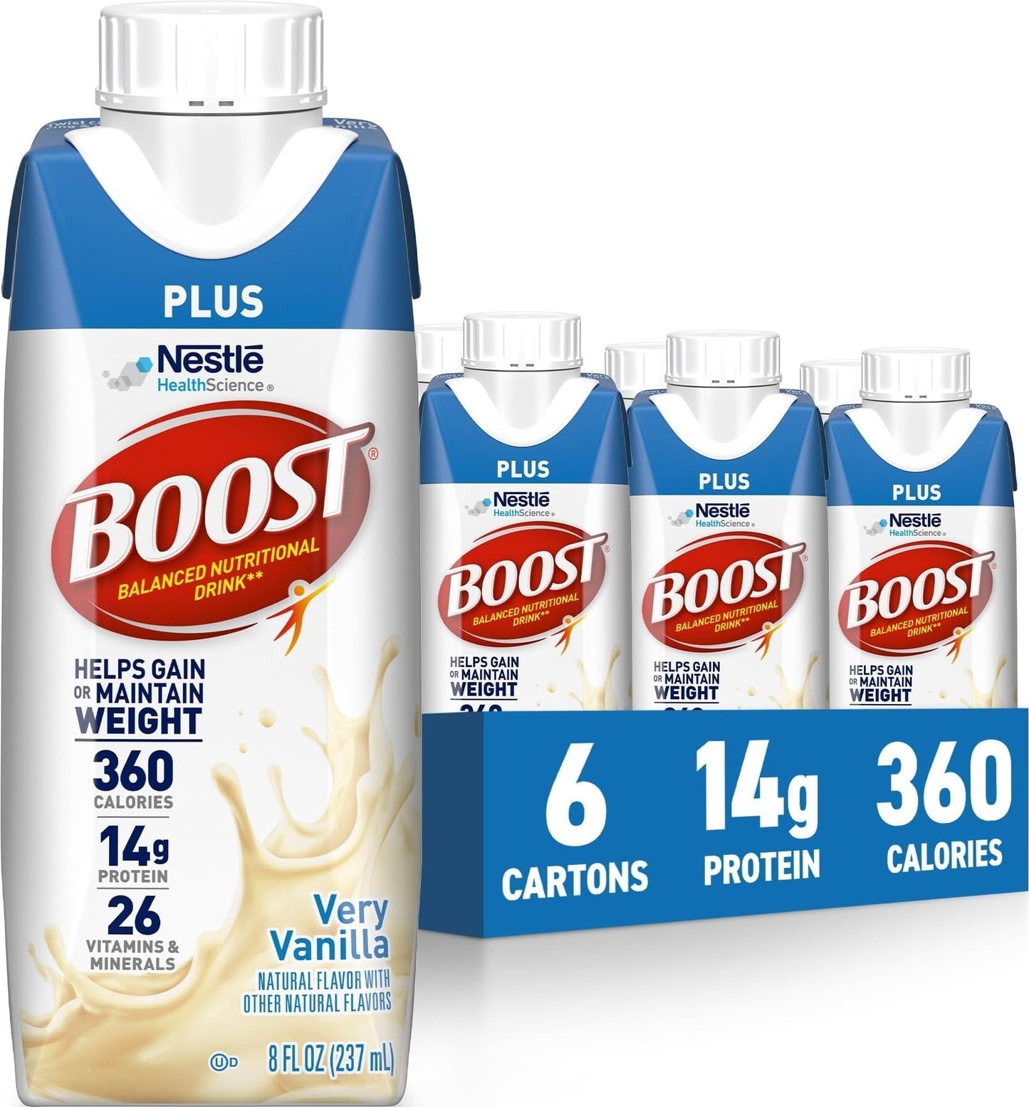 BOOST Plus Nutritional Drink, Very Vanilla, 8 fl oz (Pack of 24) | Balanced, 8 FL OZ