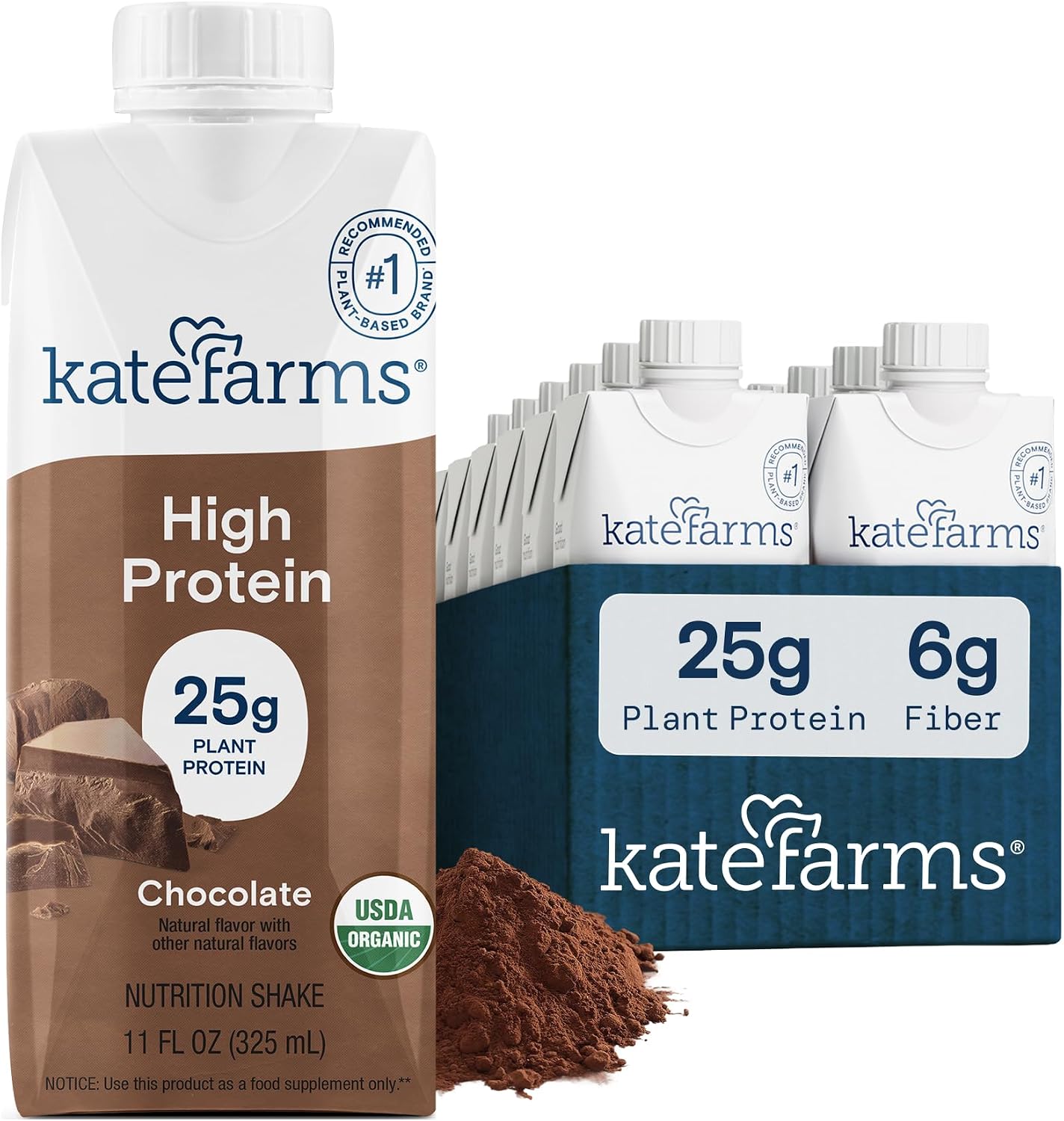 KATE FARMS Organic High Protein Chocolate Shake, 25g Protein, 12 Pack | High-protein organic shake with 25g protein, 6g fiber, 27 vitamins & minerals, and 0g sugar.