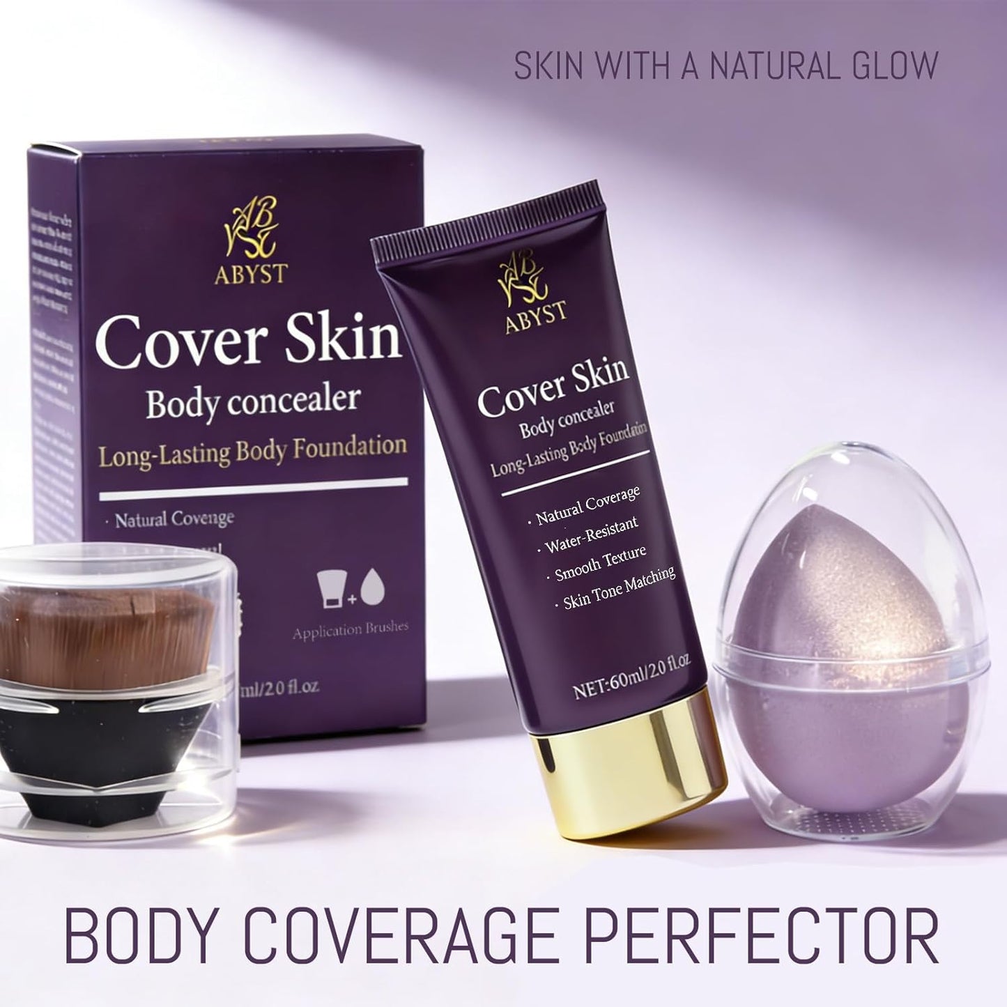 Body Coverage Perfector - Waterproof Body Makeup with Brush & Marshmallow Puff - No Transfer, Full Coverage for Tattoos, Scars, Veins (2.0oz Natural Beige)