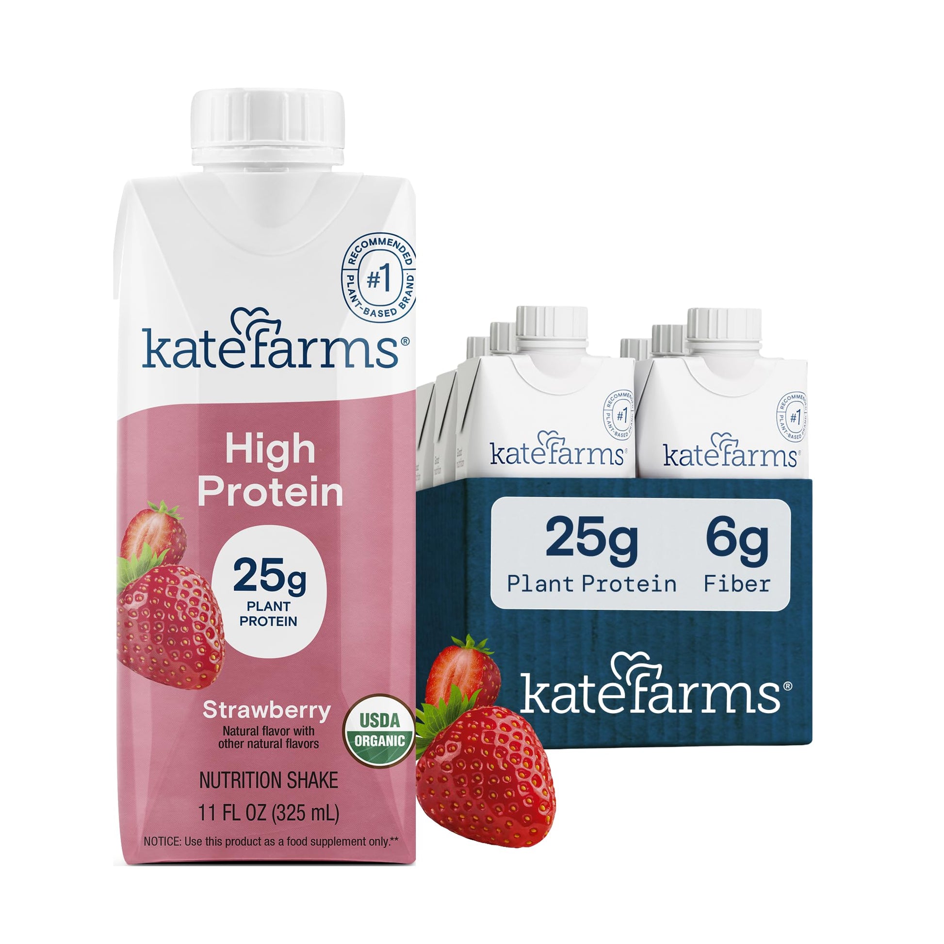 KATE FARMS Organic High Protein Chocolate Shake, 25g Protein, 12 Pack | High-protein organic shake with 25g protein, 6g fiber, 27 vitamins & minerals, and 0g sugar.