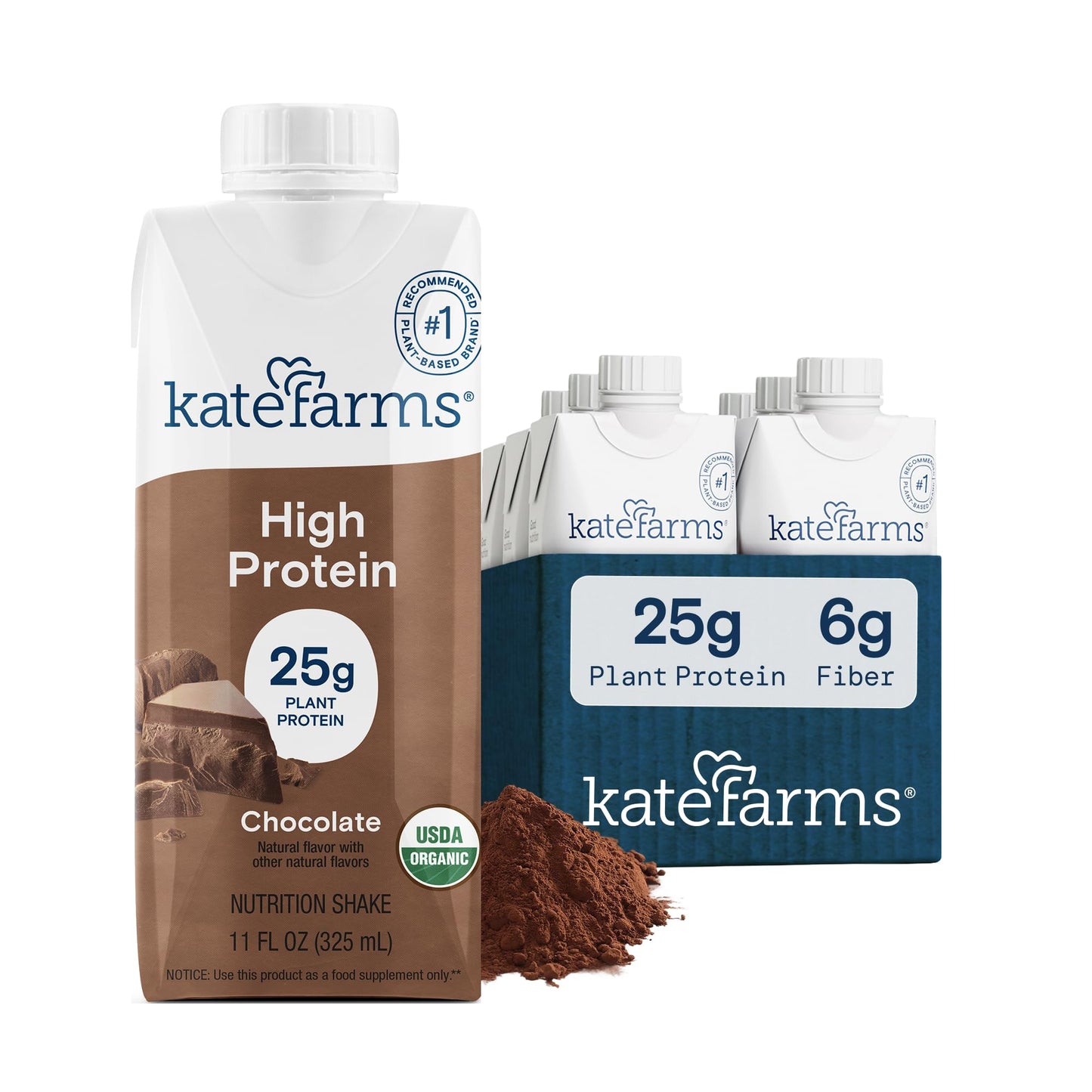 KATE FARMS Organic High Protein Chocolate Shake, 25g Protein, 12 Pack | High-protein organic shake with 25g protein, 6g fiber, 27 vitamins & minerals, and 0g sugar.