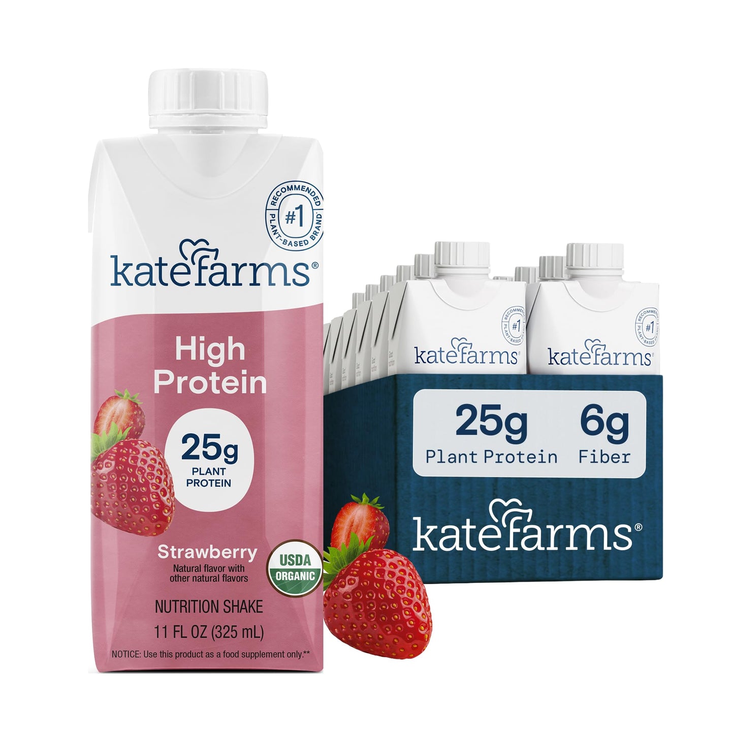 KATE FARMS Organic High Protein Chocolate Shake, 25g Protein, 12 Pack | High-protein organic shake with 25g protein, 6g fiber, 27 vitamins & minerals, and 0g sugar.
