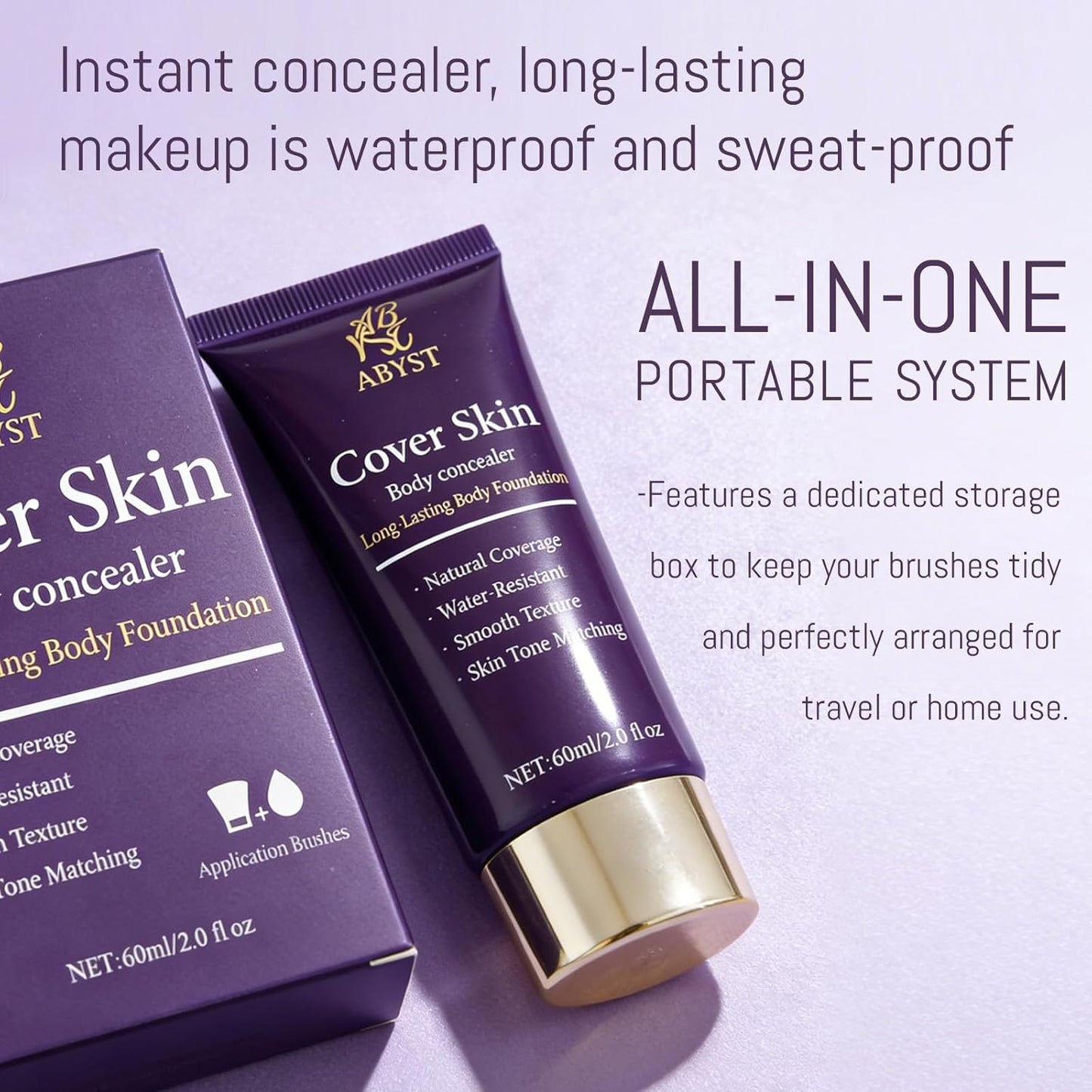 Body Coverage Perfector - Waterproof Body Makeup with Brush & Marshmallow Puff - No Transfer, Full Coverage for Tattoos, Scars, Veins (2.0oz Natural Beige)