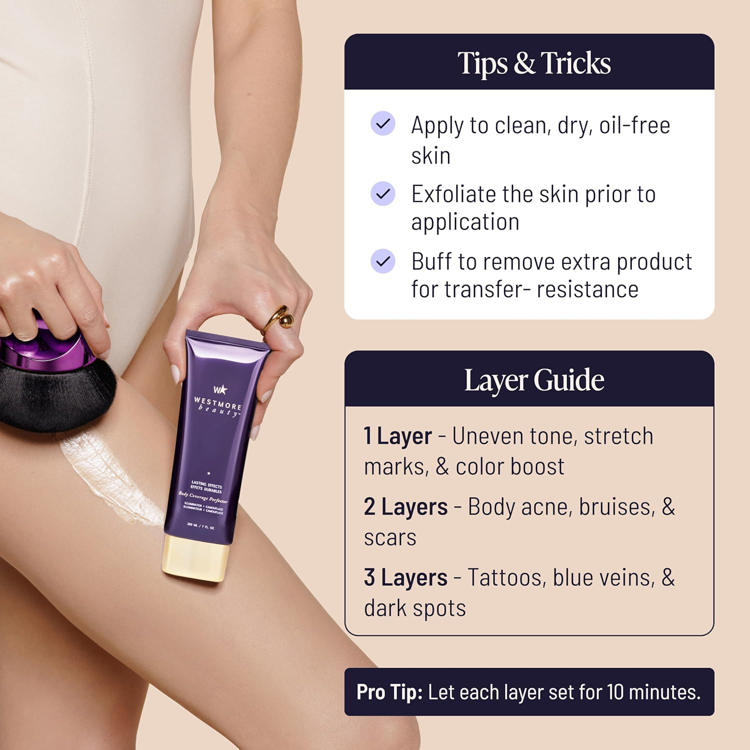 Westmore Beauty Body Coverage Perfector x Blend & Blur Body Brush Kabuki Brush - Waterproof Leg & Body Makeup - Tattoo Cover Up Makeup - 7 Oz Deep Radiance