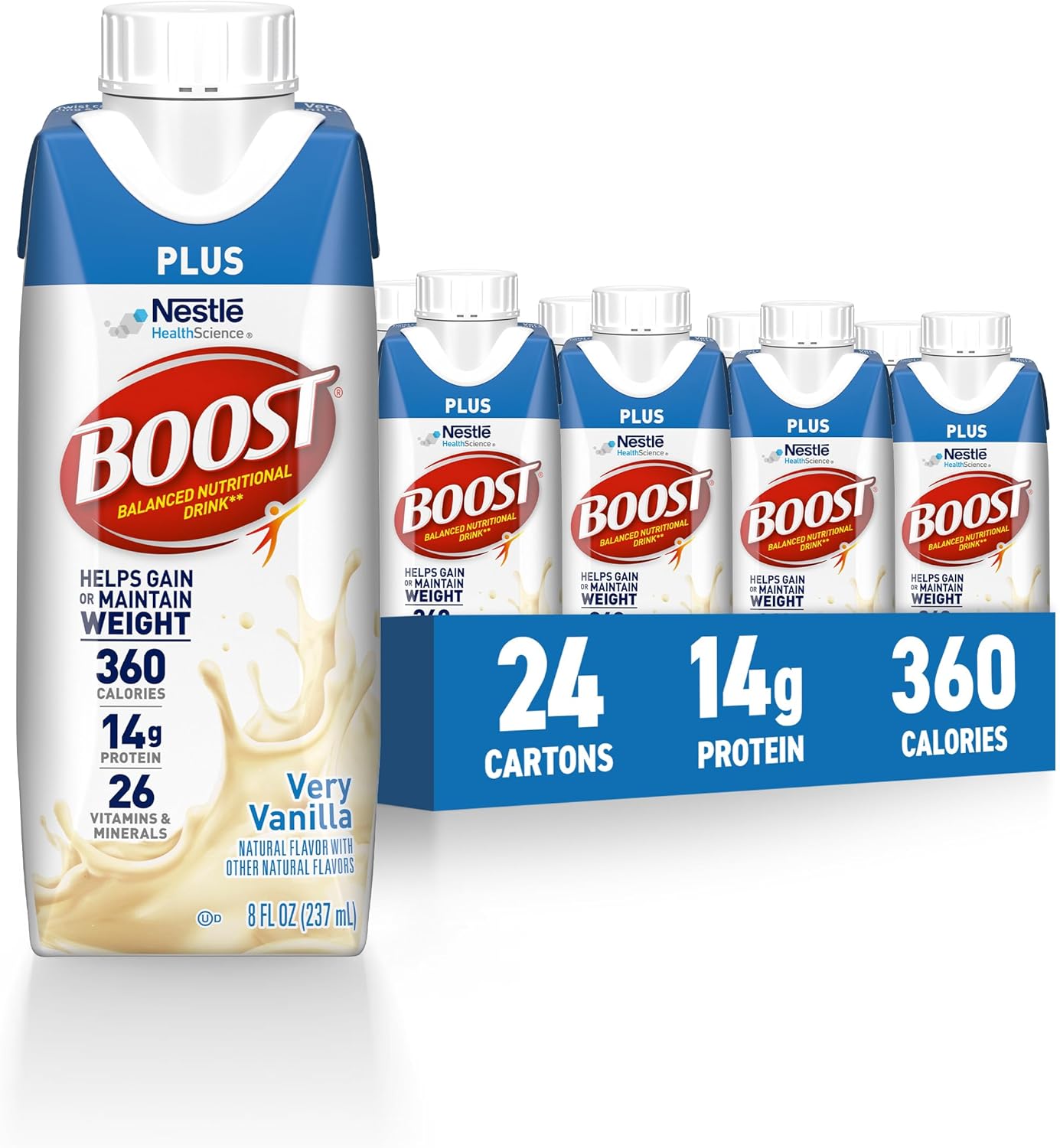 BOOST Plus Nutritional Drink, Very Vanilla, 8 fl oz (Pack of 24) | Balanced, 8 FL OZ